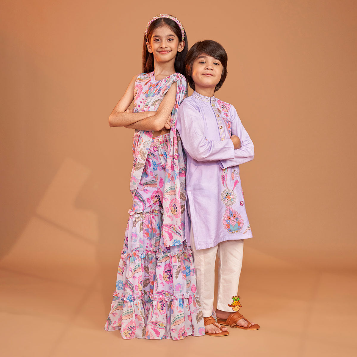 Stunning Multicolour Floral Embroidered Kurta With Pyjama twinning model image 1