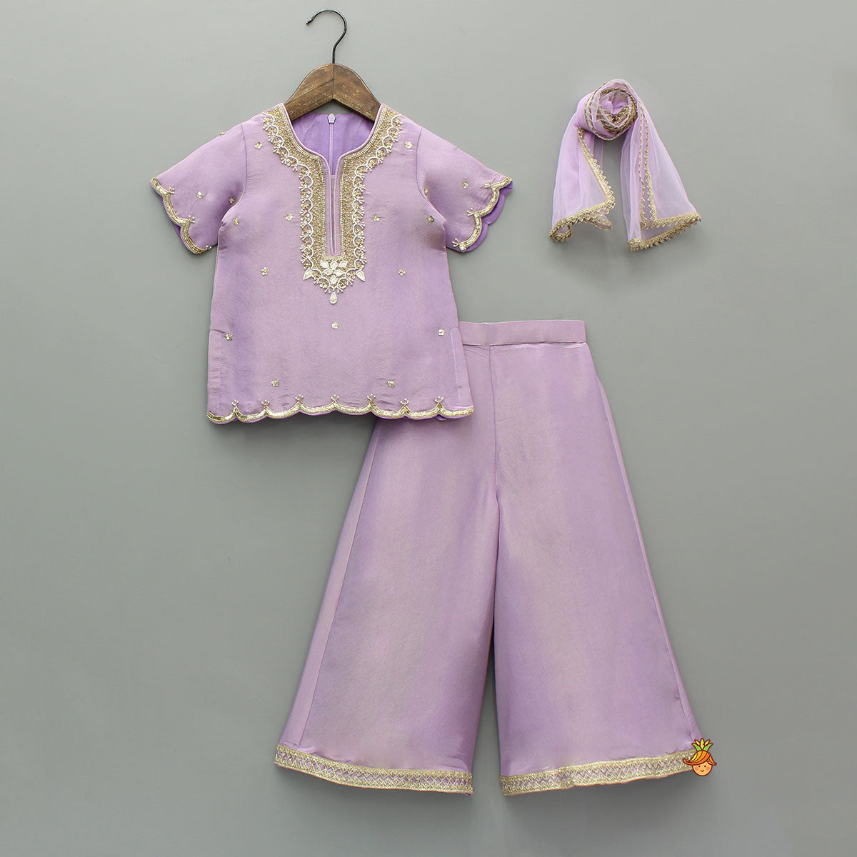 Sheen Lilac Scallop Hem Kurta With Palazzo And Dupatta