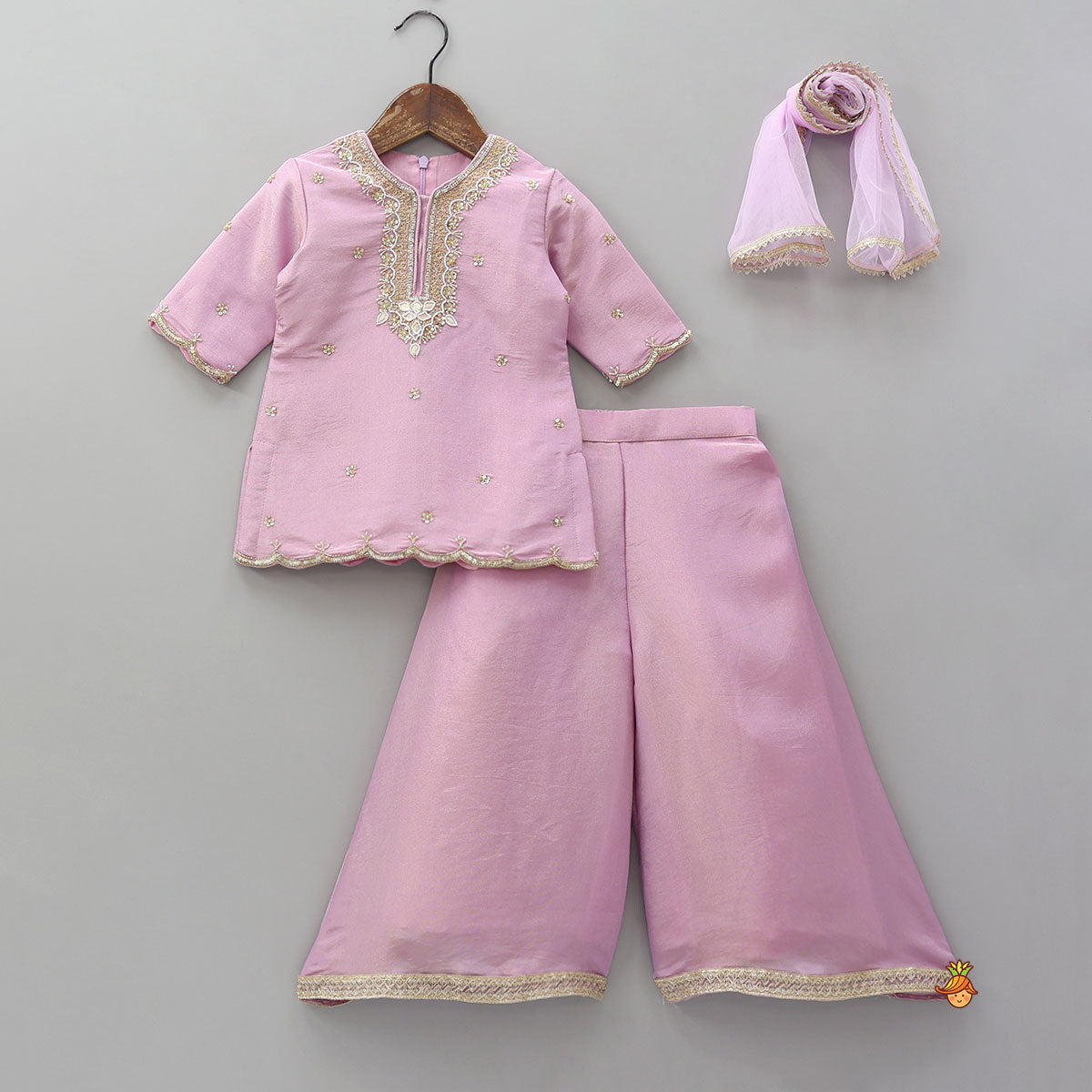 Shimmery Scallop Hem Kurti With Palazzo And Dupatta