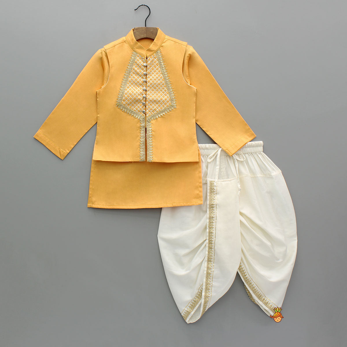 Orange Ethnic Kurta With Lace Embroidered Sleeveless Jacket And Dhoti
