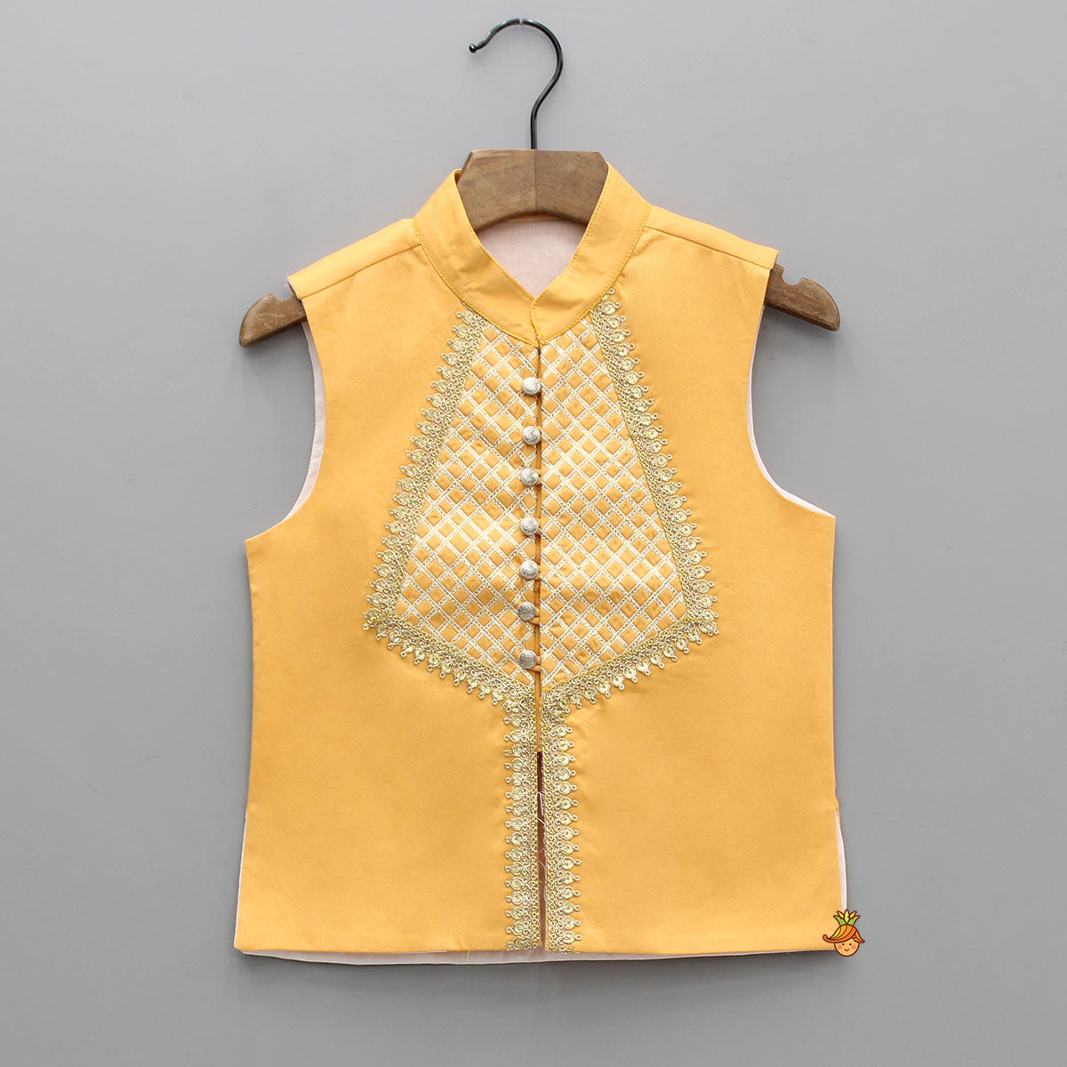 Orange Ethnic Kurta With Lace Embroidered Sleeveless Jacket And Dhoti