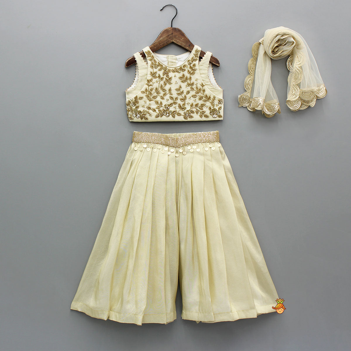 Shimmery Beige Embroidered Top With Palazzo And Dupatta