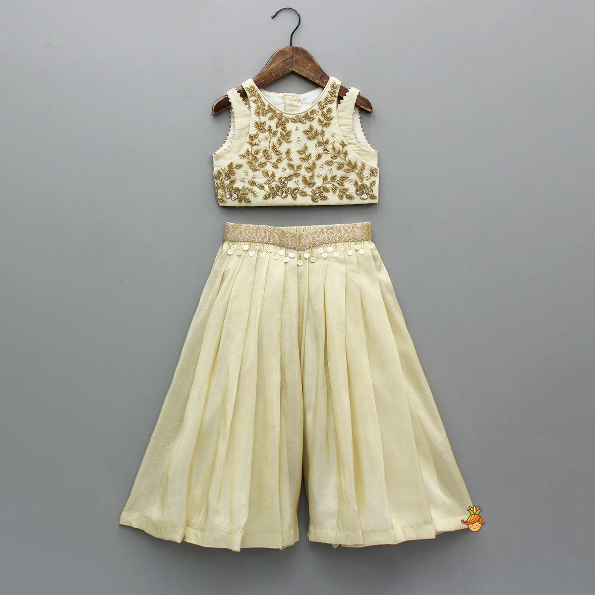 Shimmery Beige Embroidered Top With Palazzo And Dupatta