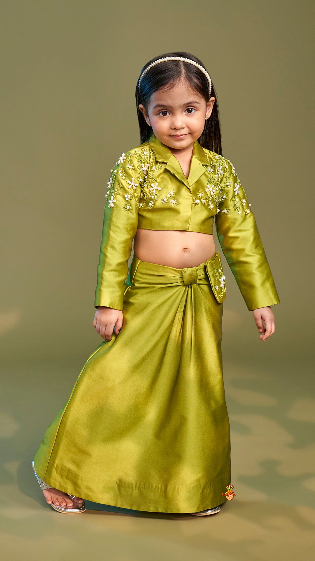 Green Blazer Style Crop Top With Lehenga