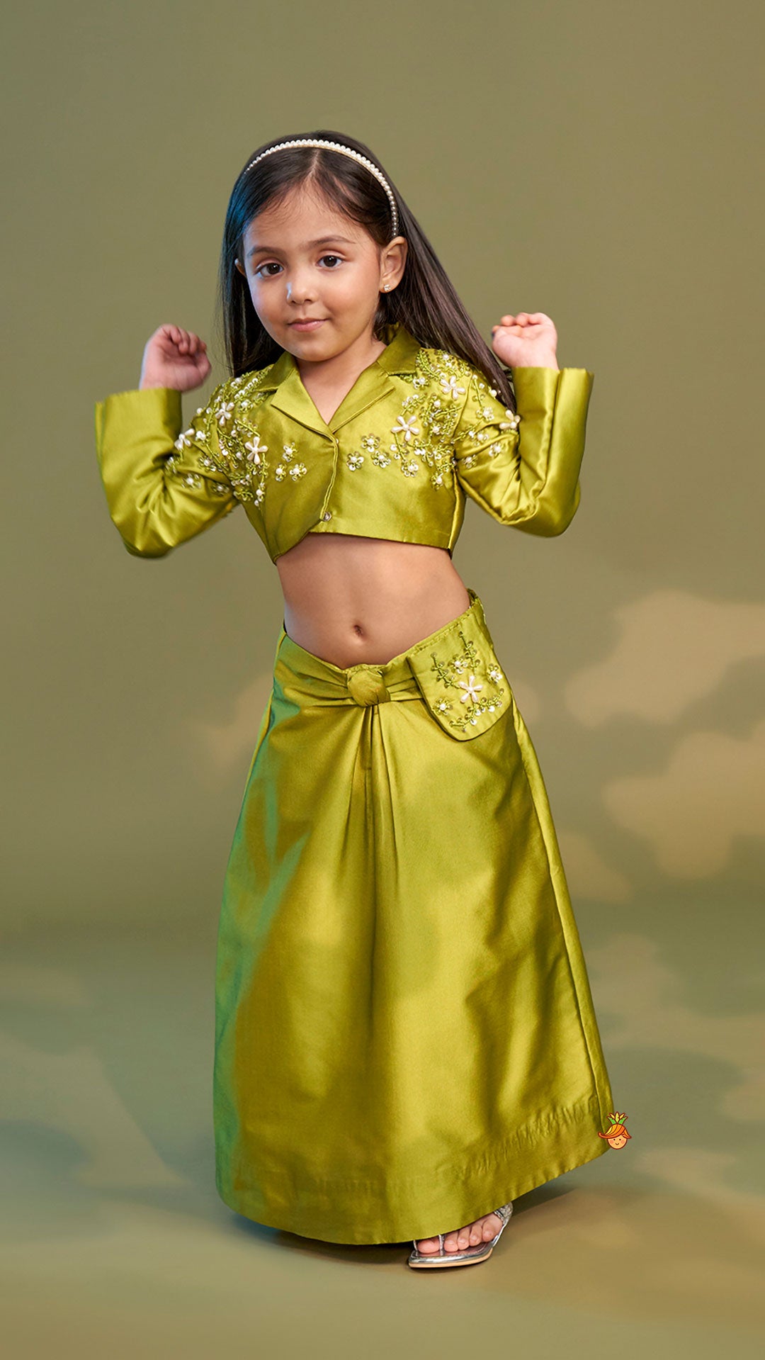 Green Blazer Style Crop Top With Lehenga