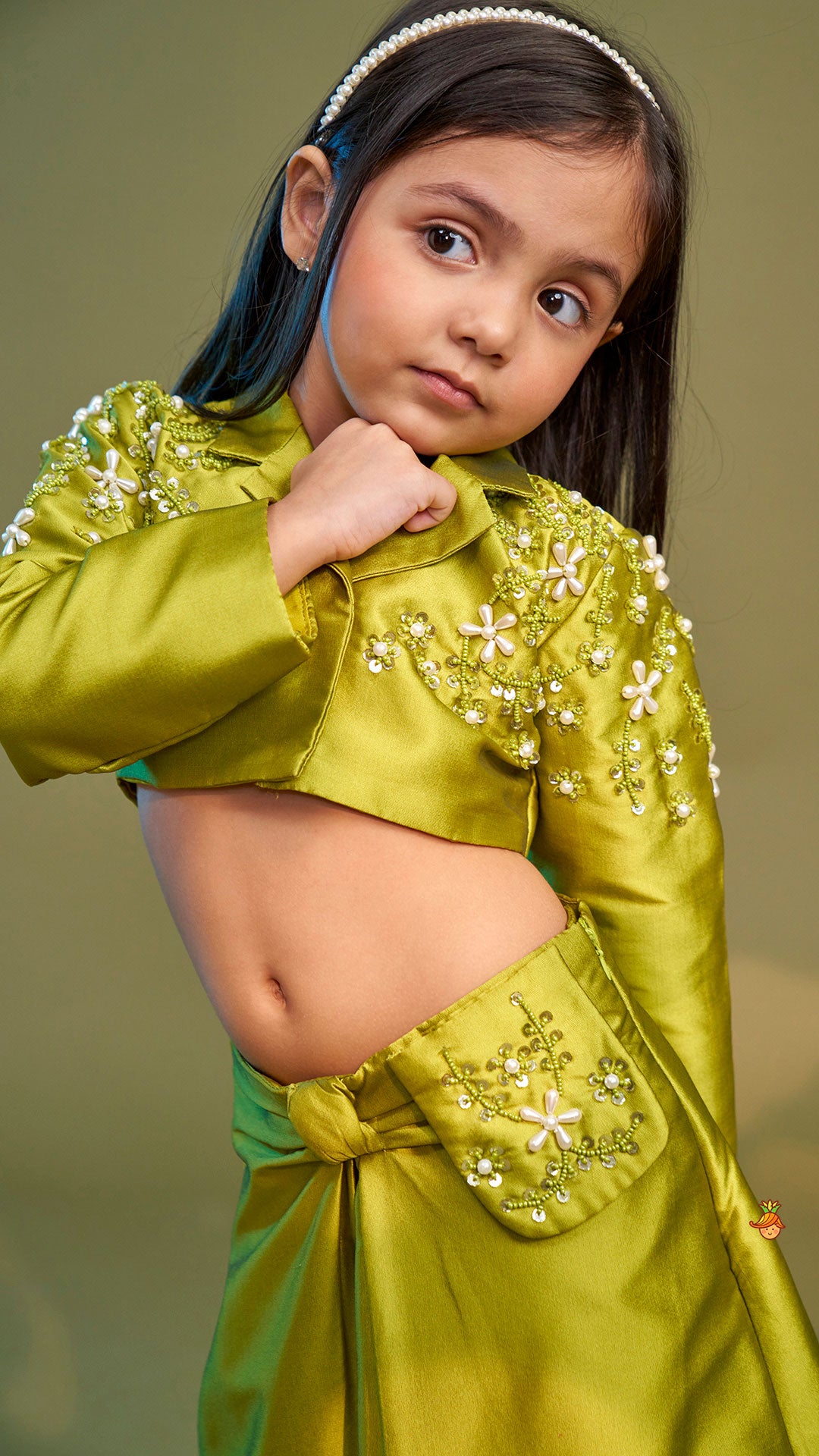 Green Blazer Style Crop Top With Lehenga