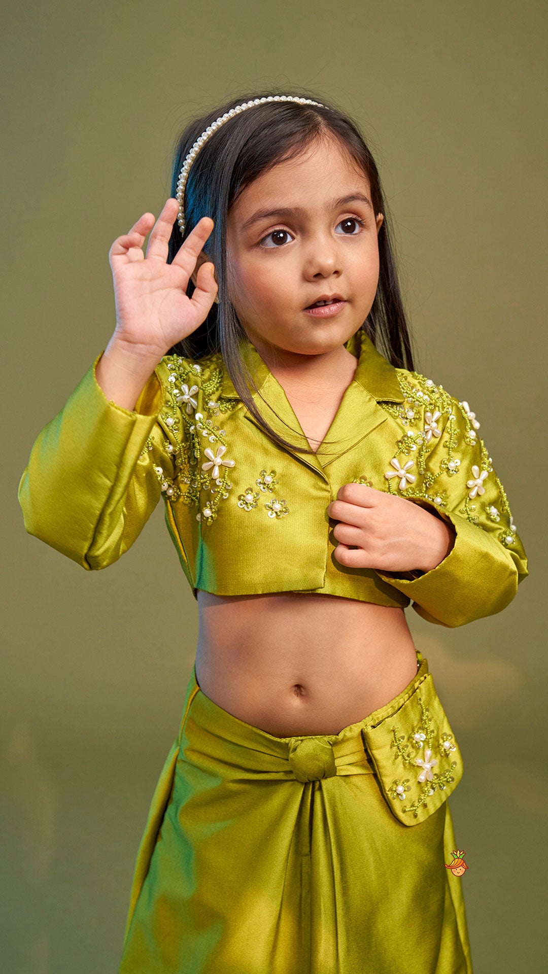 Green Blazer Style Crop Top With Lehenga