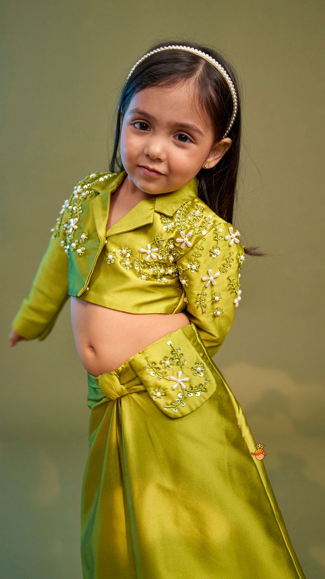 Green Blazer Style Crop Top With Lehenga