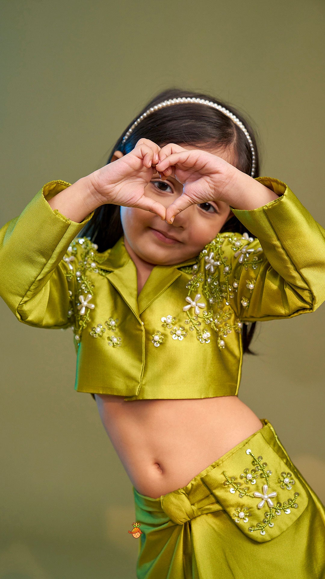 Green Blazer Style Crop Top With Lehenga