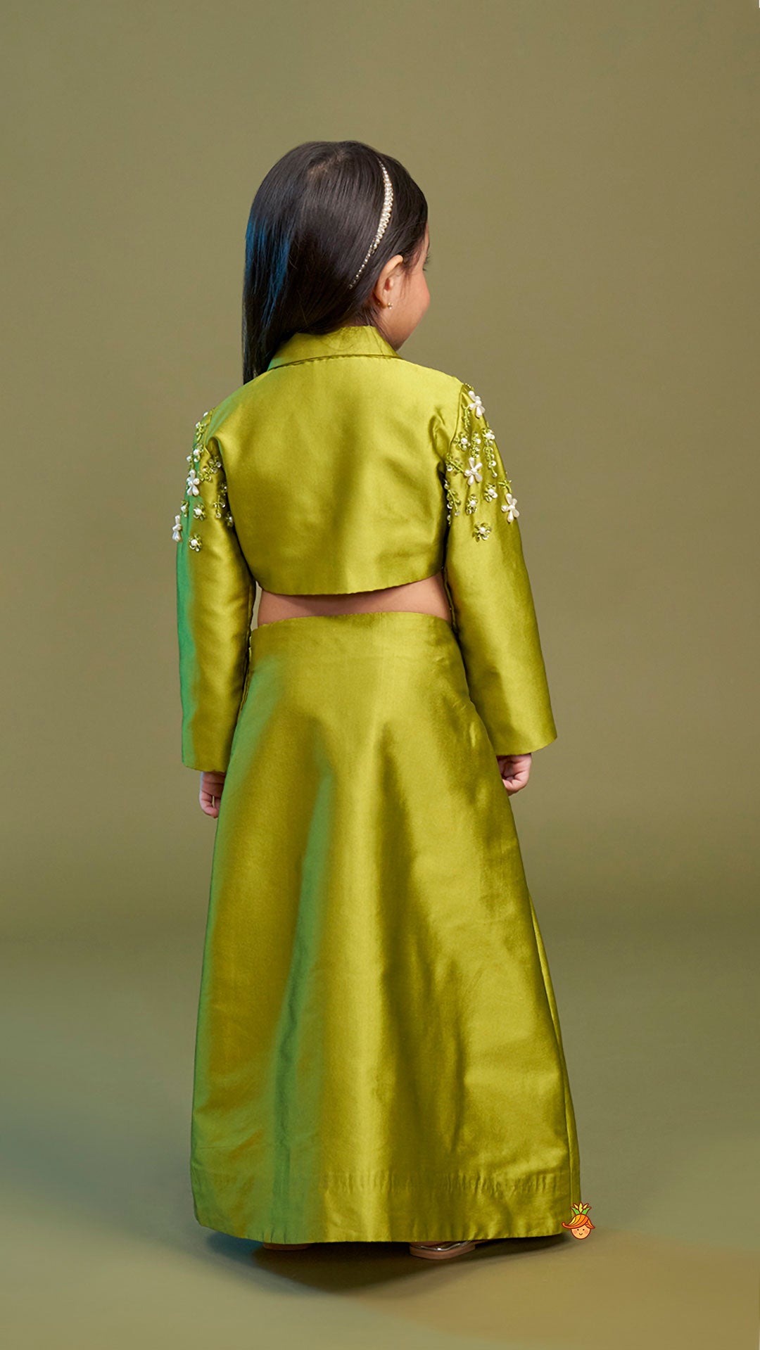 Green Blazer Style Crop Top With Lehenga