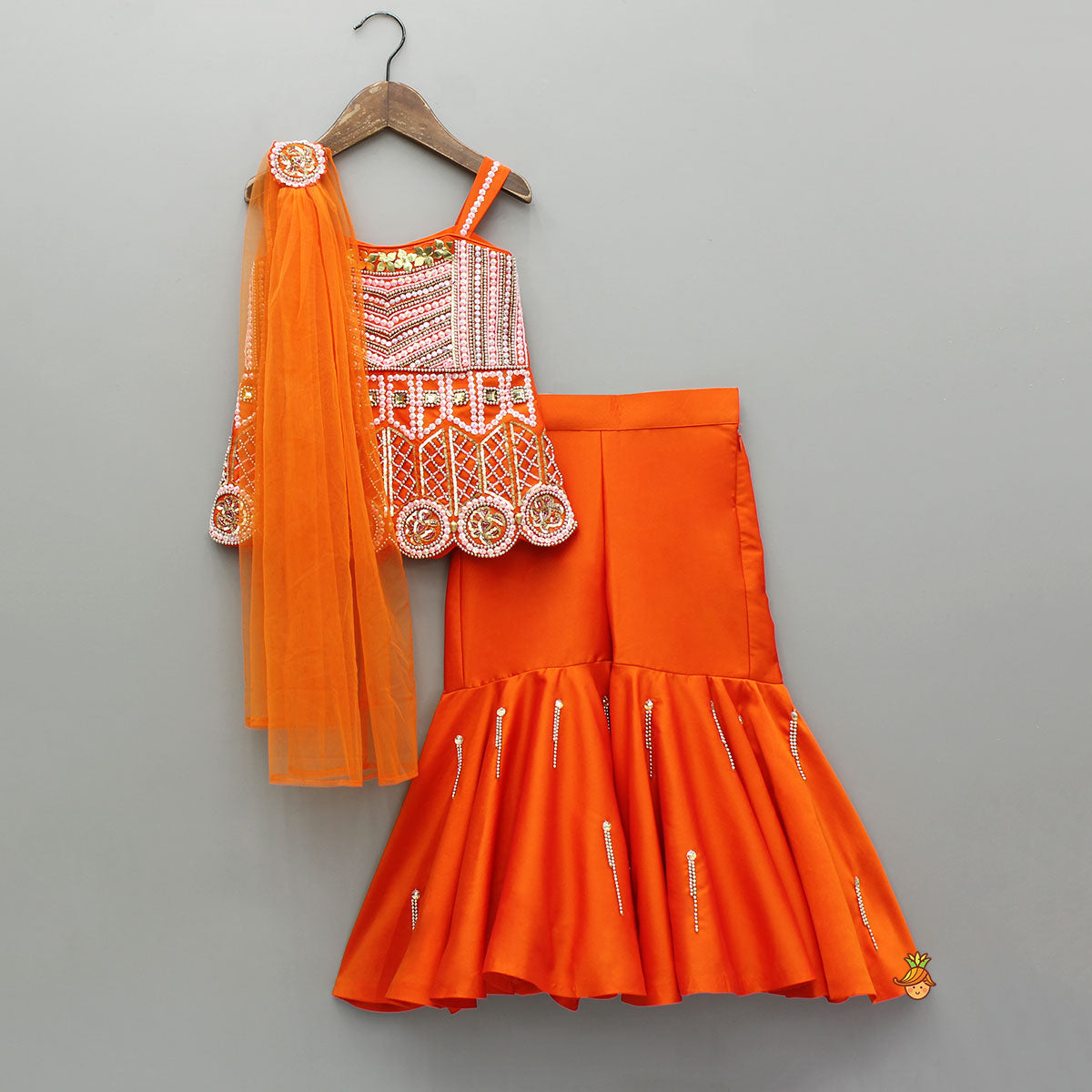 Exquisite Orange Kurti With Flared Sharara And Choker Dupatta