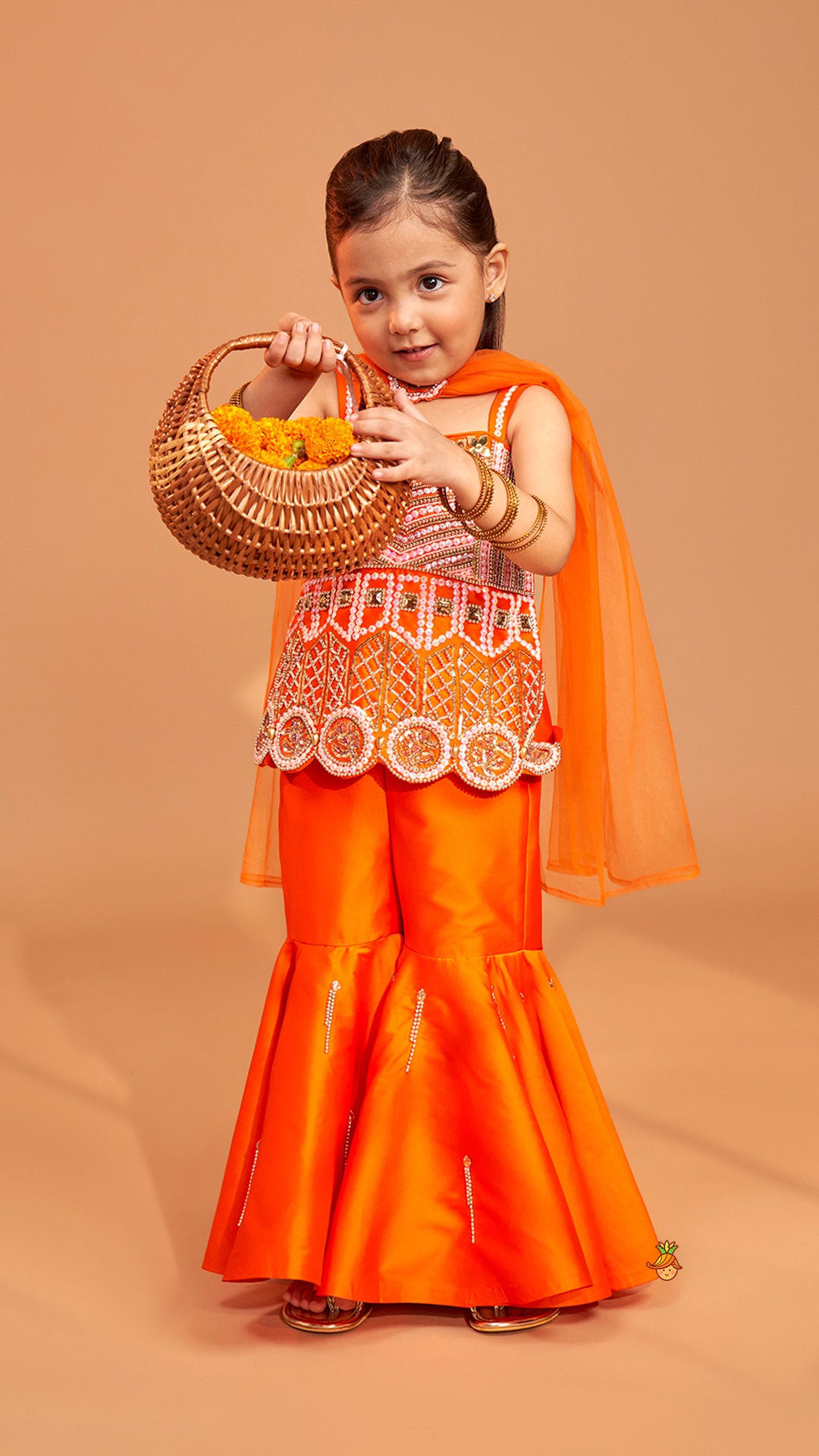 Exquisite Orange Kurti With Flared Sharara And Choker Dupatta