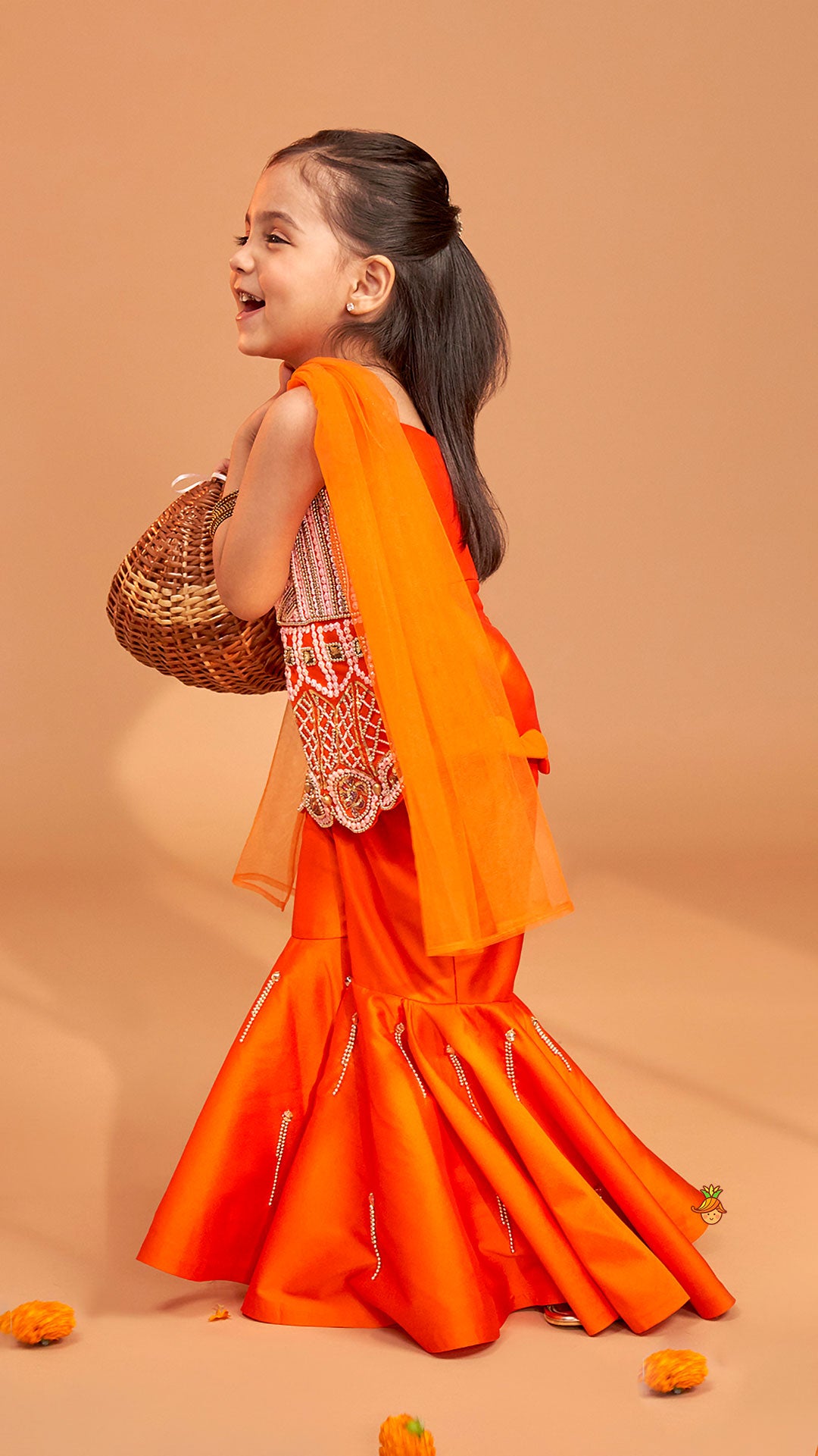 Exquisite Orange Kurti With Flared Sharara And Choker Dupatta