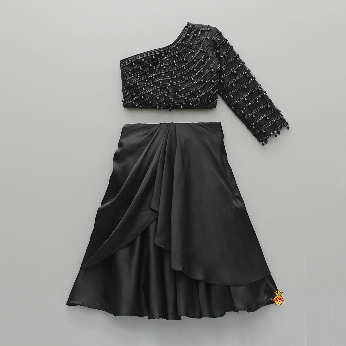 Black One Shoulder Top With Drape Style Skirt
