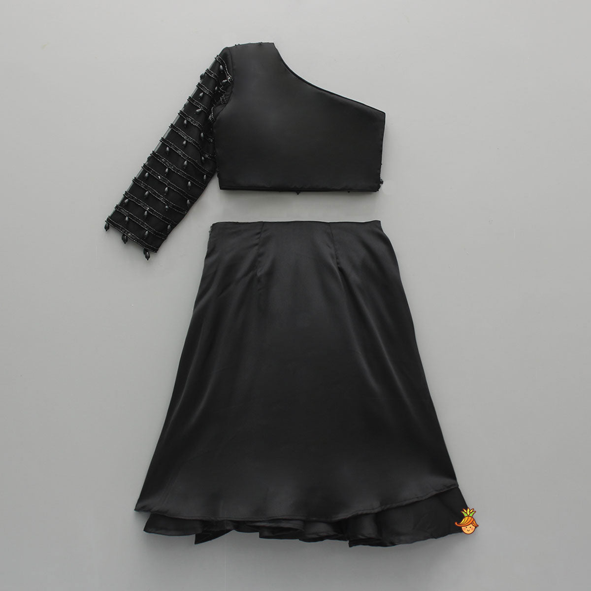Black One Shoulder Top With Drape Style Skirt