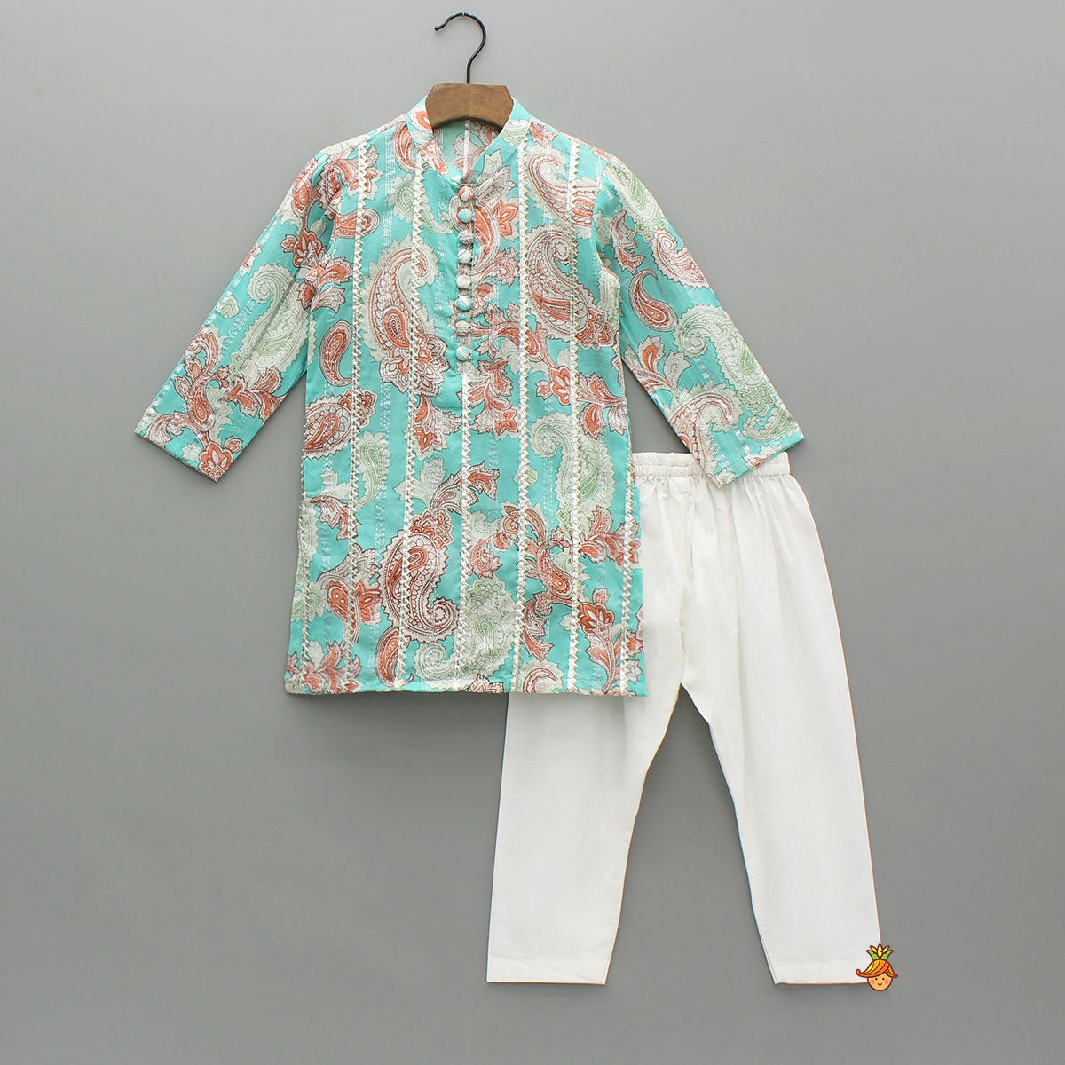 Floral Printed Cotton Lace Detailed Blue Kurta With Pyjama