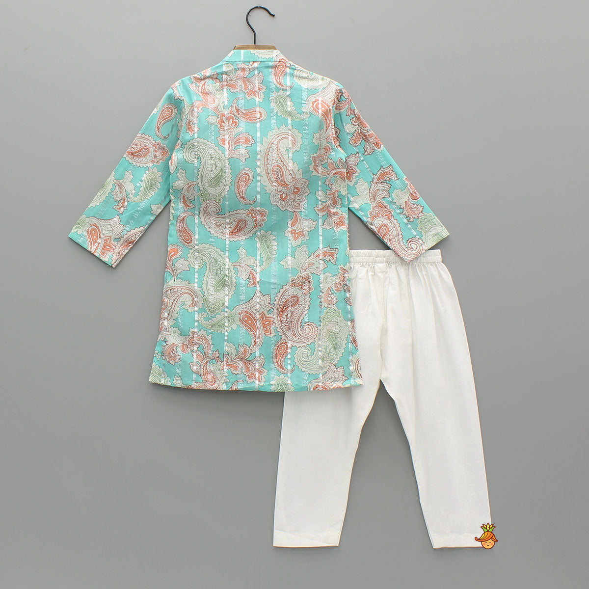 Floral Printed Cotton Lace Detailed Blue Kurta With Pyjama