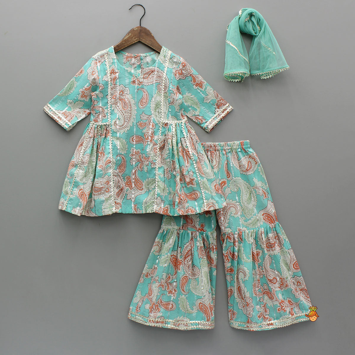 Floral Printed Cotton Lace Detailed Blue Kurti With Sharara And Dupatta