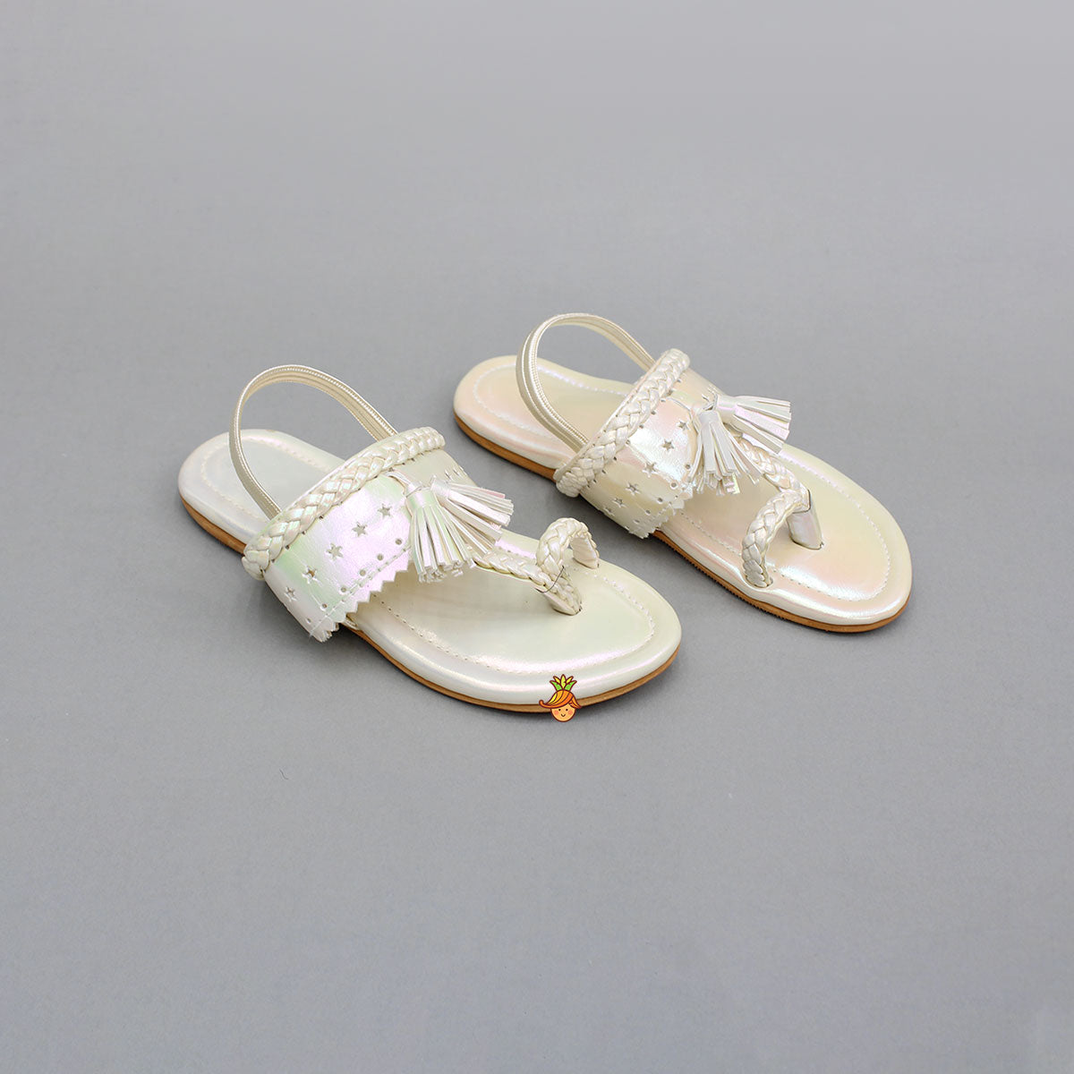 Cream Holographic Braid Detailed Kolhapuri Flats