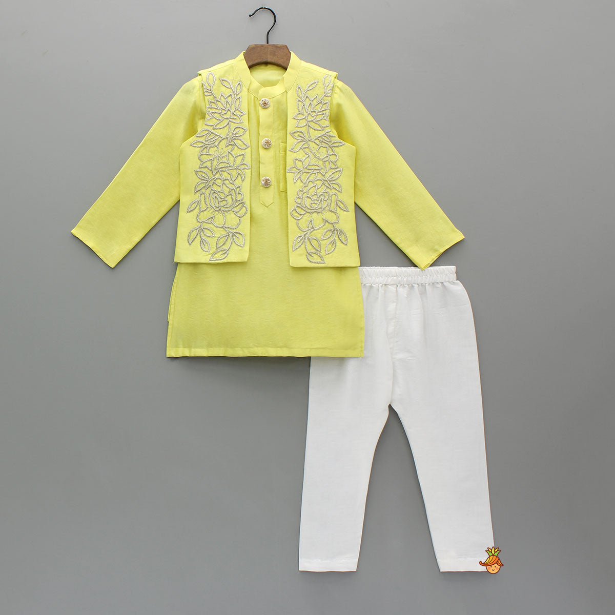 Yellow Kurta With Embroidered Jacket And White Pyjama
