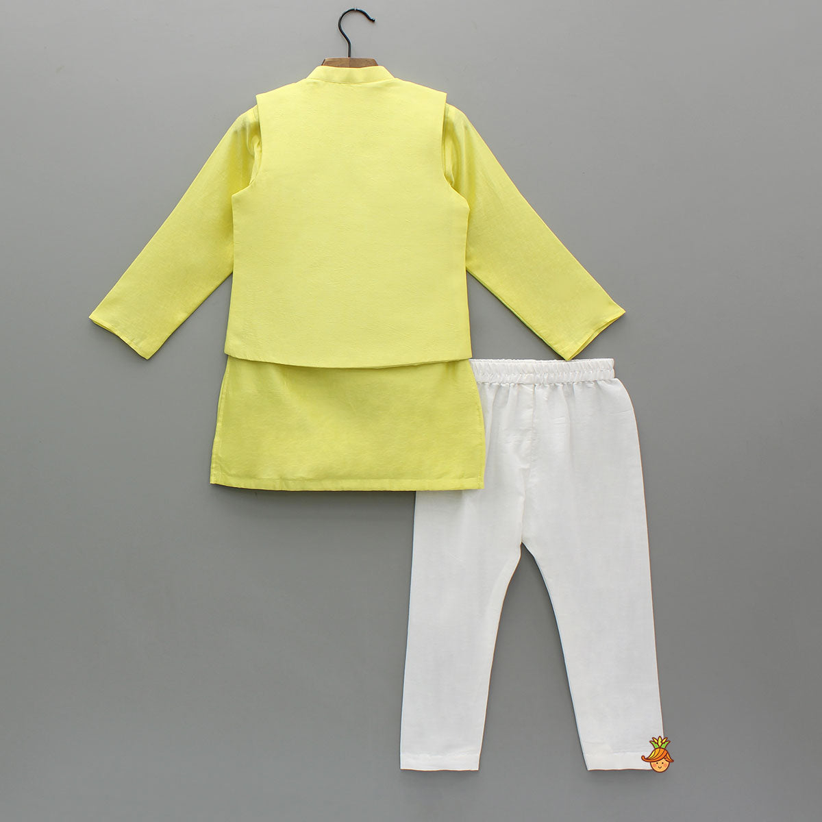 Yellow Kurta With Embroidered Jacket And White Pyjama