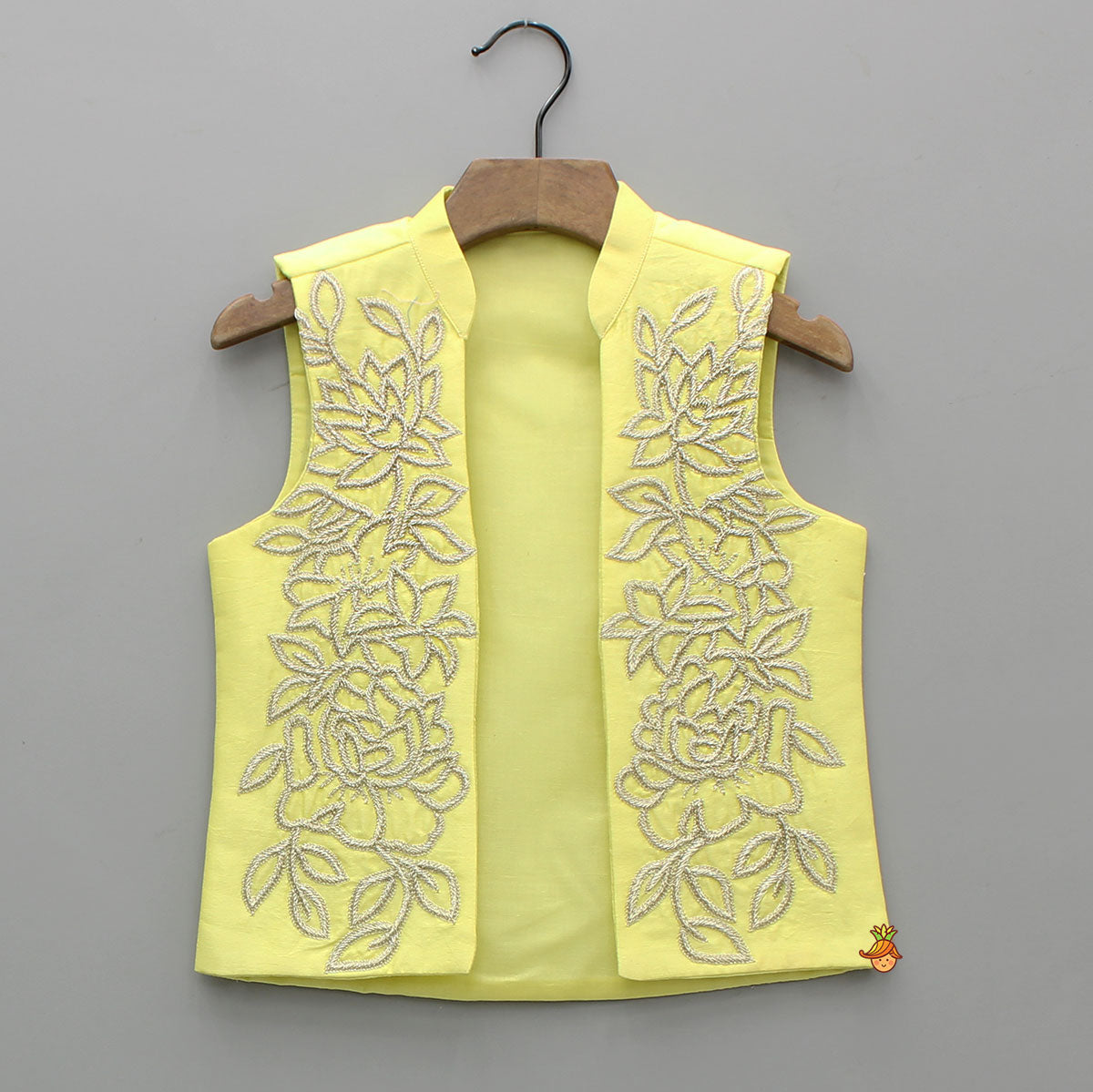 Yellow Kurta With Embroidered Jacket And White Pyjama