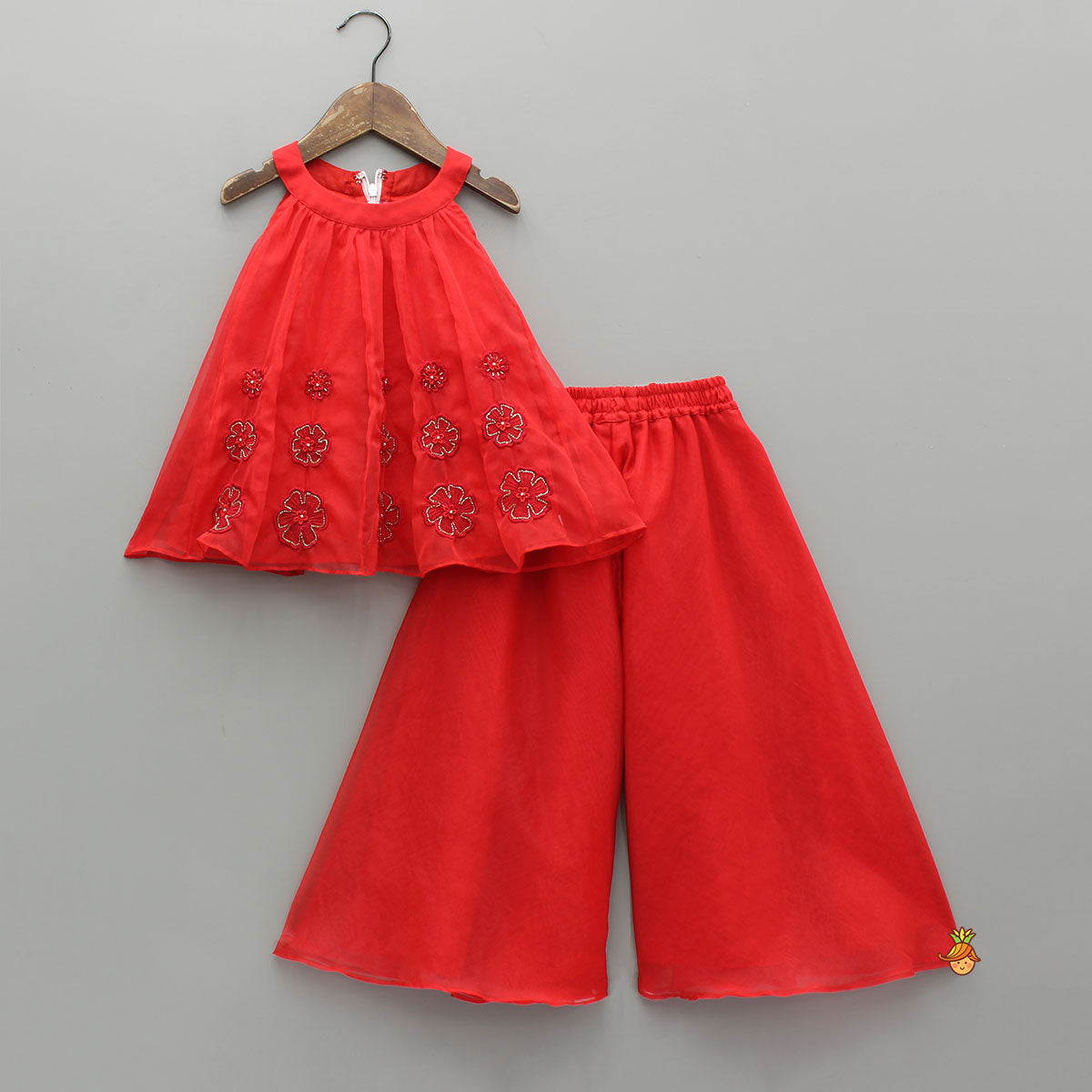 Lovely Red Halter Neck Organza Top And Palazzo