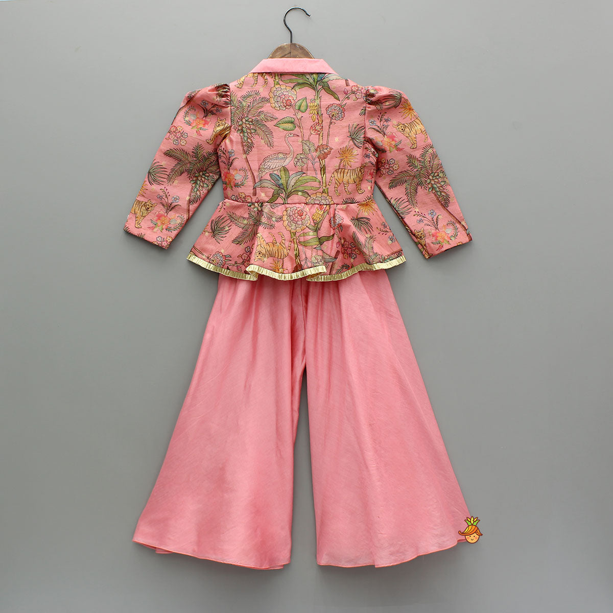 Pink Printed Jacket Style Peplum Top And Flared Palazzo
