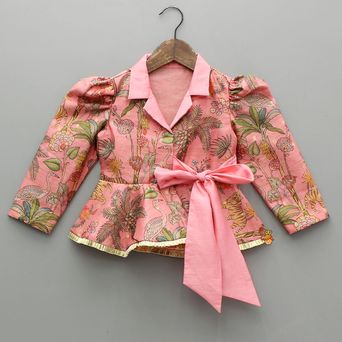 Pink Printed Jacket Style Peplum Top And Flared Palazzo