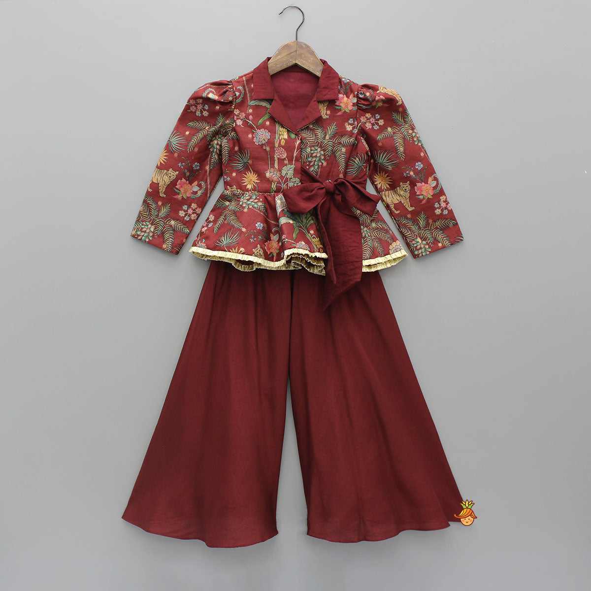 Maroon Printed Jacket Style Peplum Top And Flared Palazzo