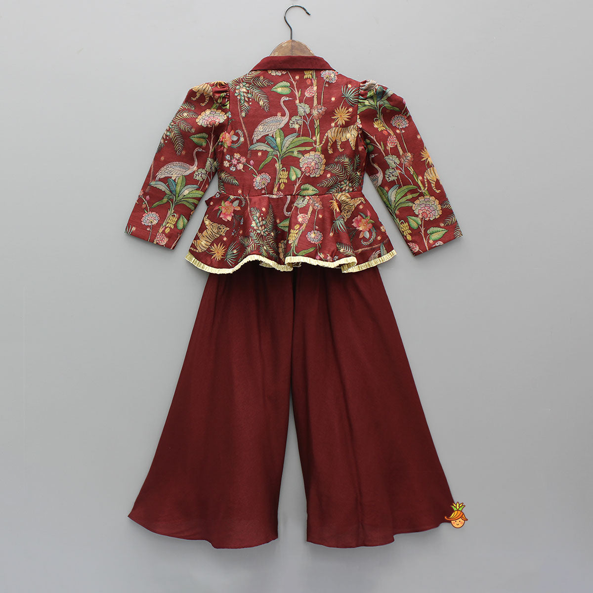 Maroon Printed Jacket Style Peplum Top And Flared Palazzo
