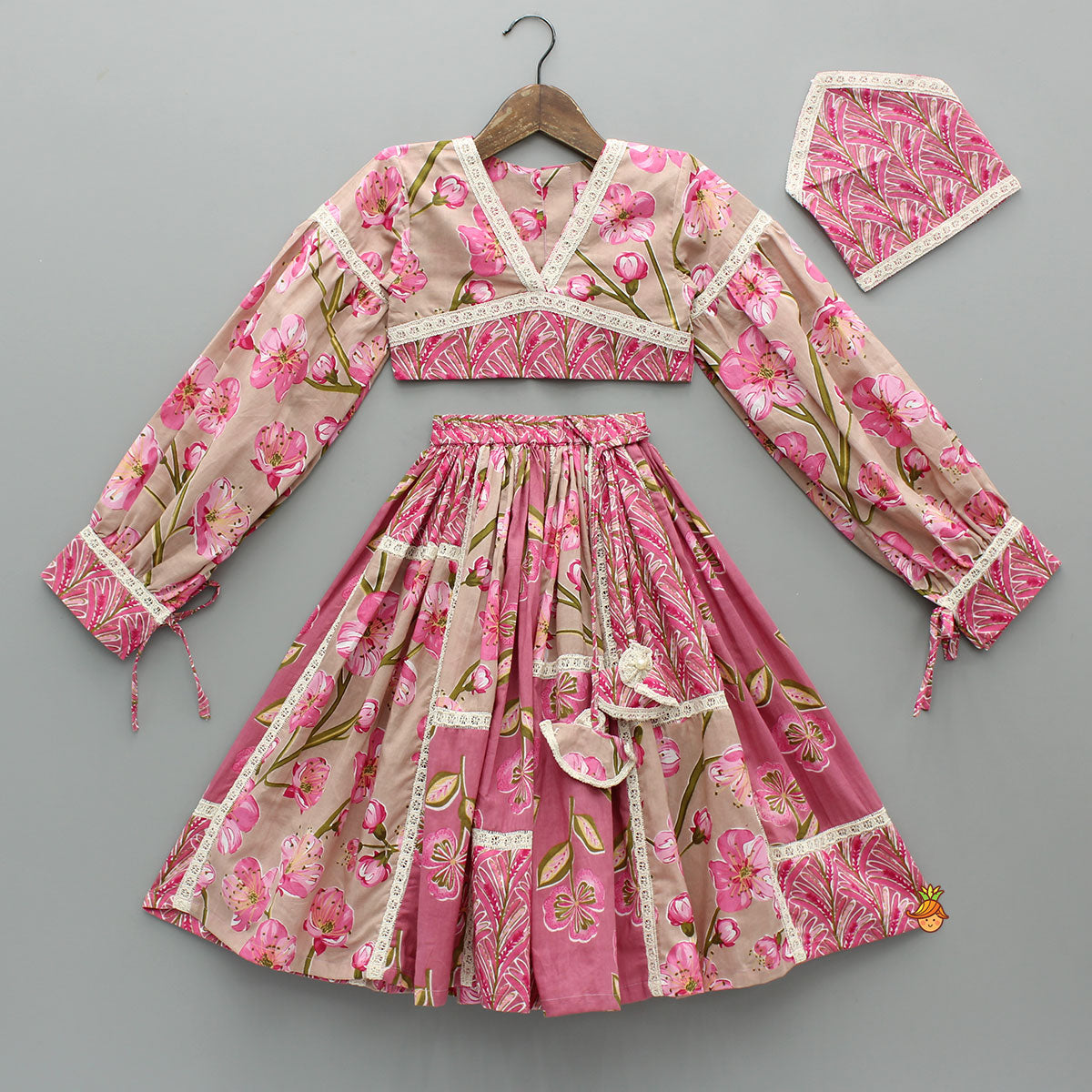 Beautiful Floral Printed Cotton Top With Matching Lehenga And Elasticated Bandana