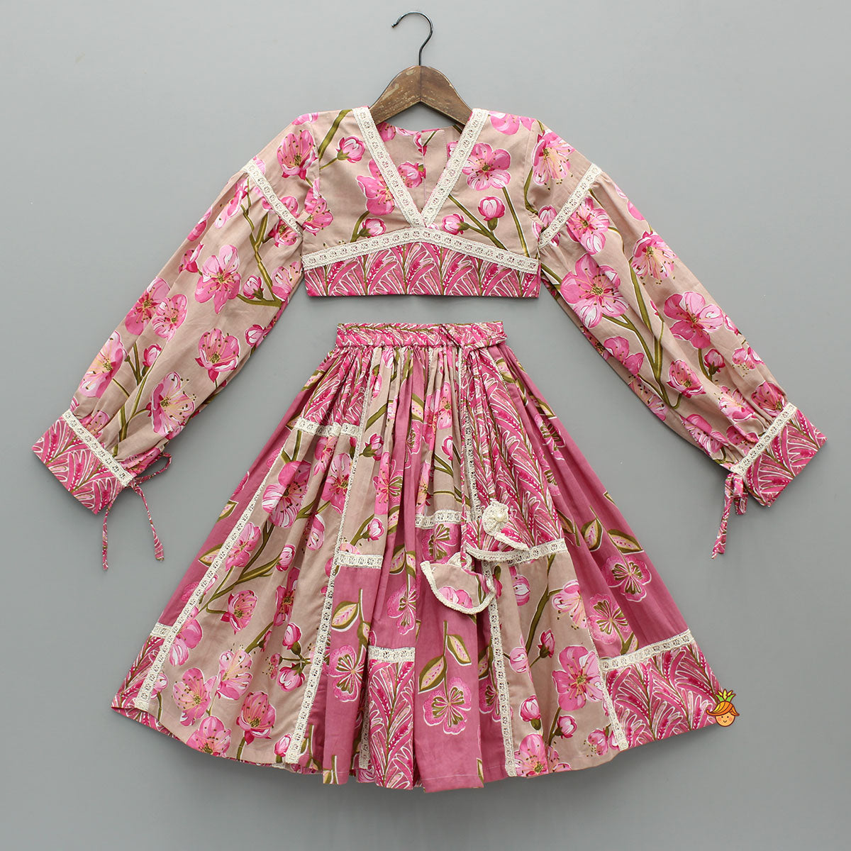 Beautiful Floral Printed Cotton Top With Matching Lehenga And Elasticated Bandana