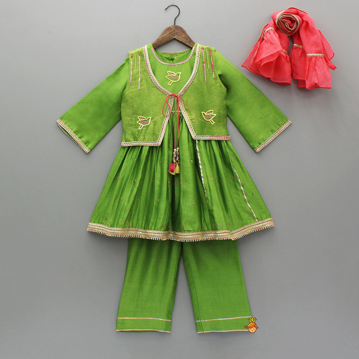 Green Kurti With Vest Style Jacket And Pant And Dupatta