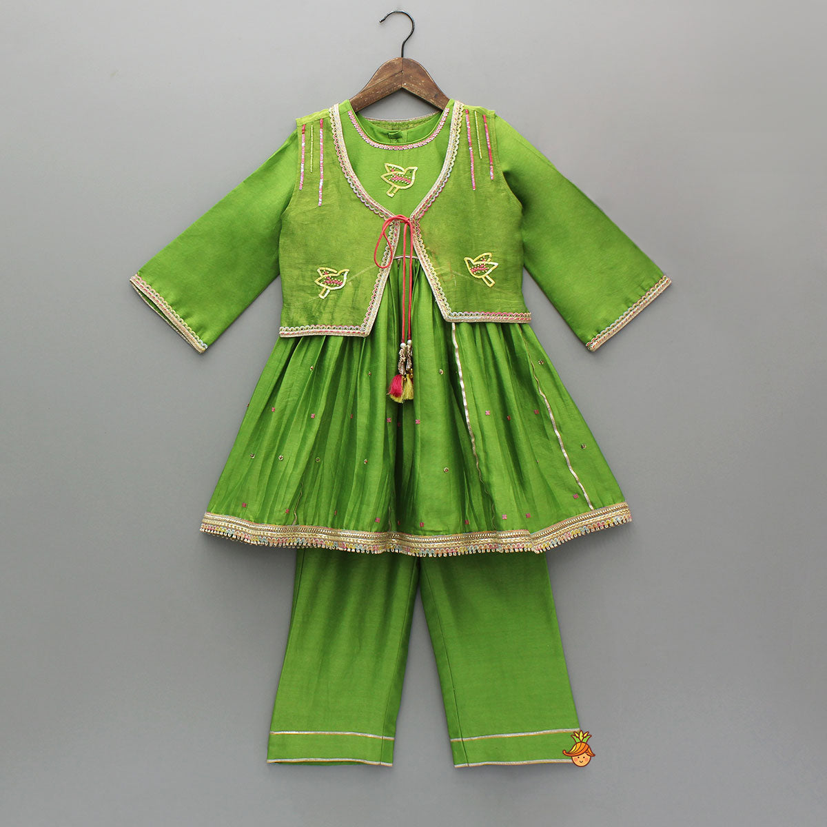 Green Kurti With Vest Style Jacket And Pant And Dupatta