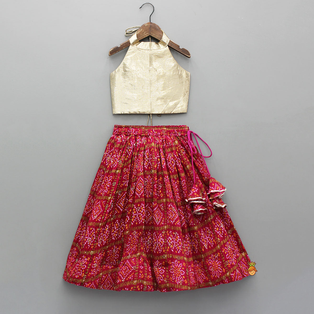 Halter Neck Top With Pink Bandhani Printed Lehenga