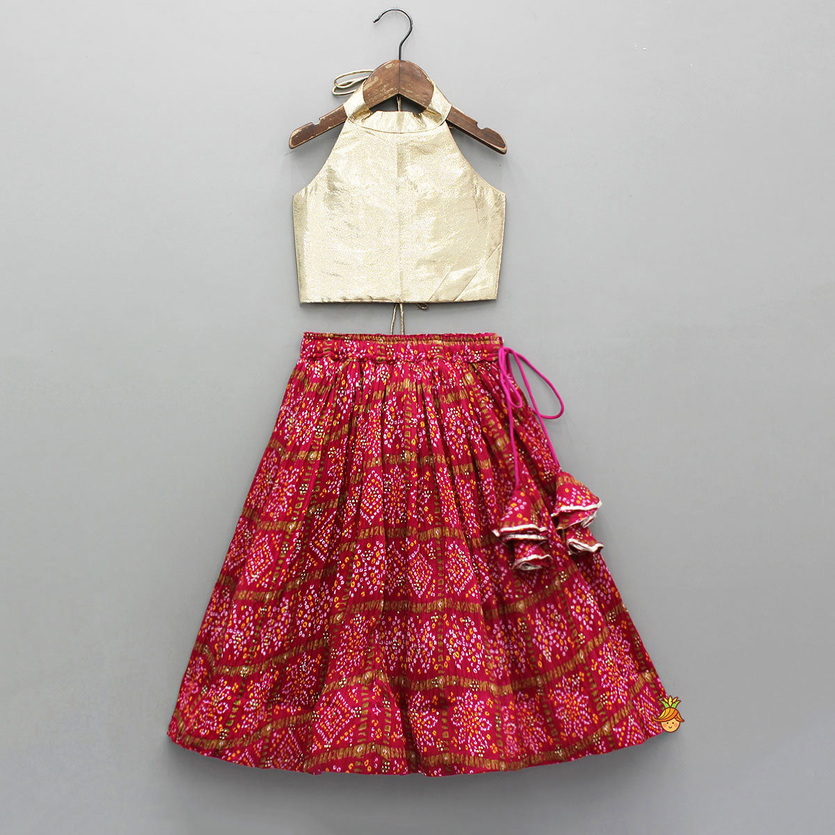 Halter Neck Top With Pink Bandhani Printed Lehenga