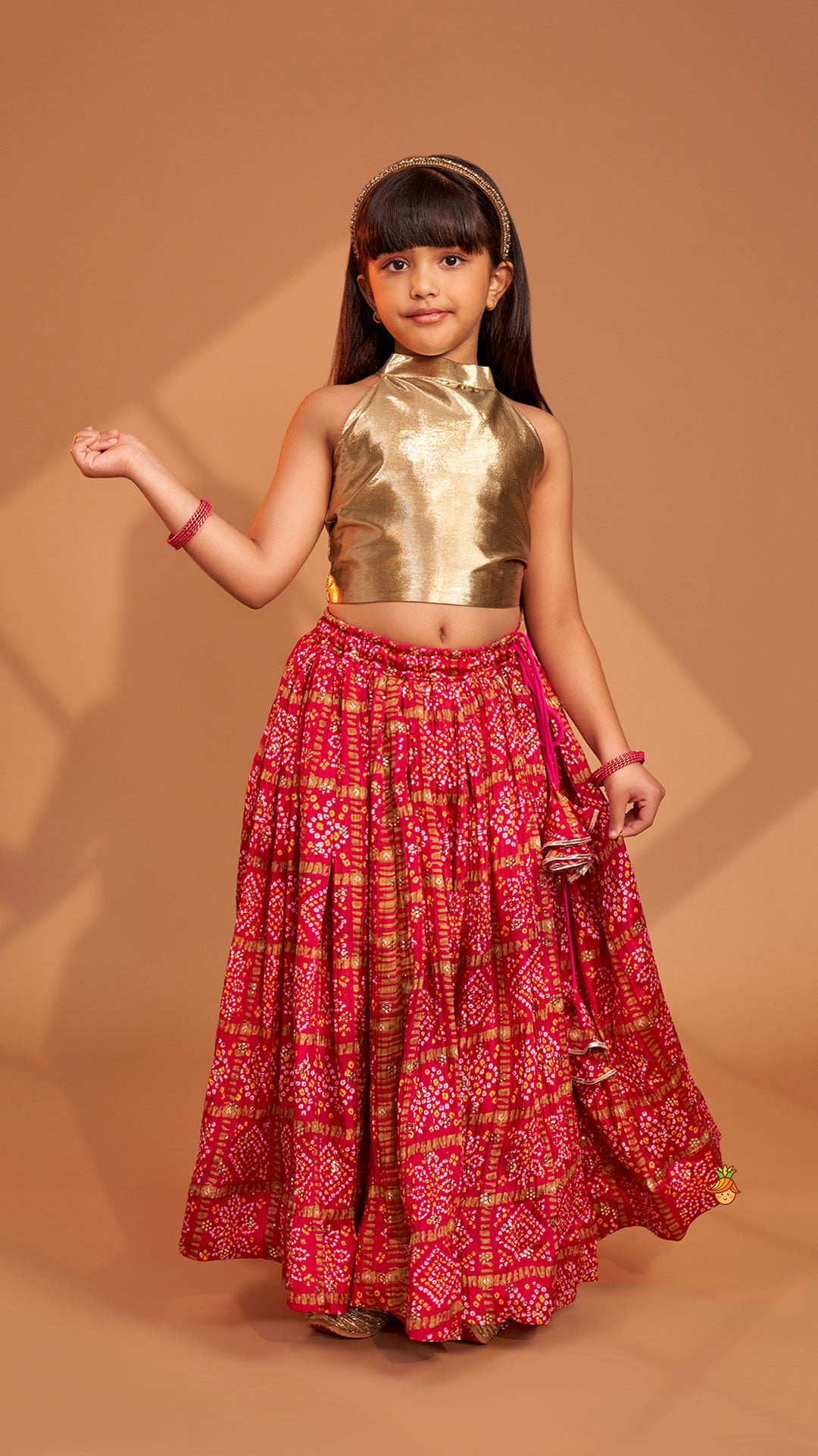 Halter Neck Top With Pink Bandhani Printed Lehenga