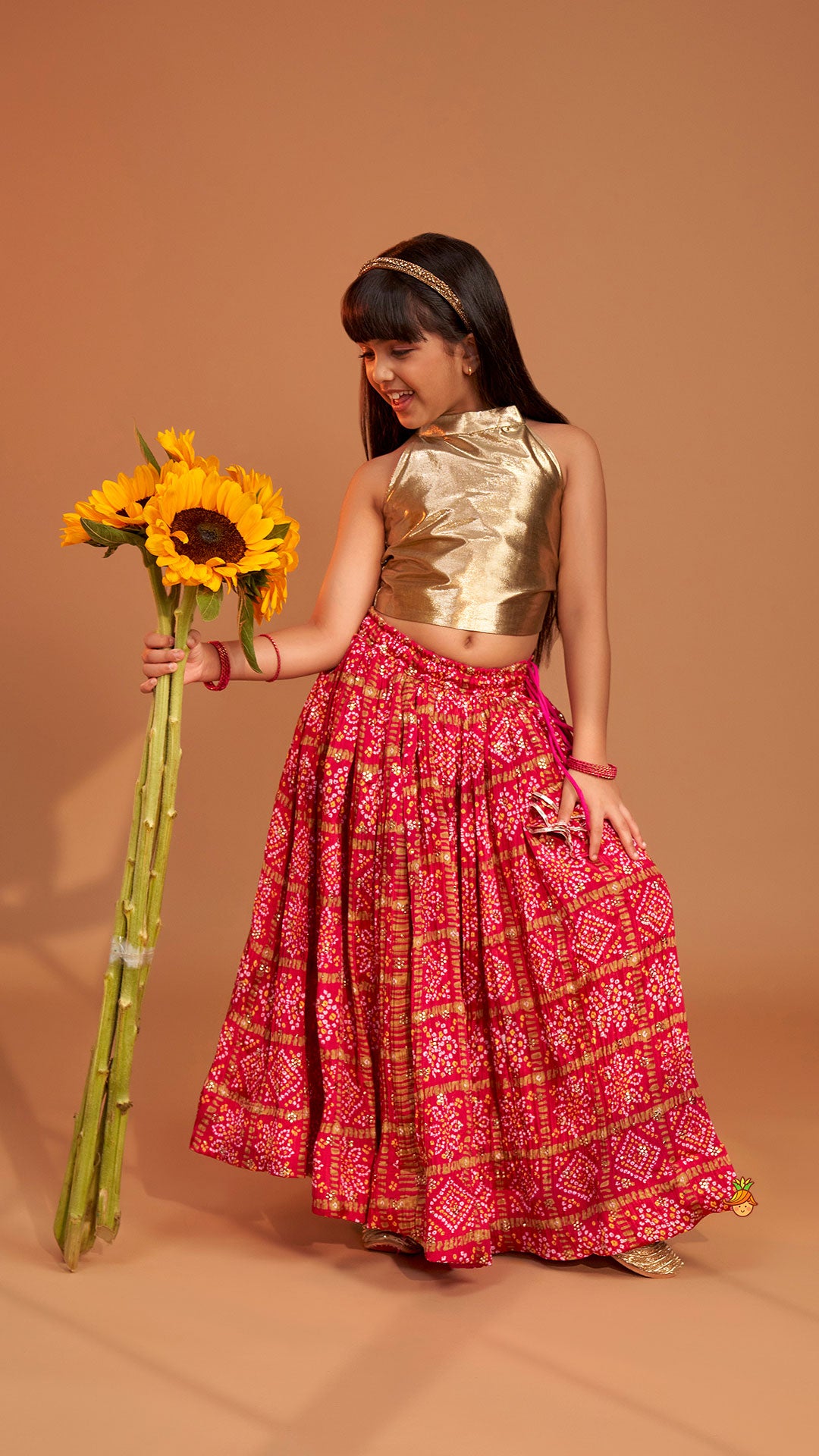 Halter Neck Top With Pink Bandhani Printed Lehenga