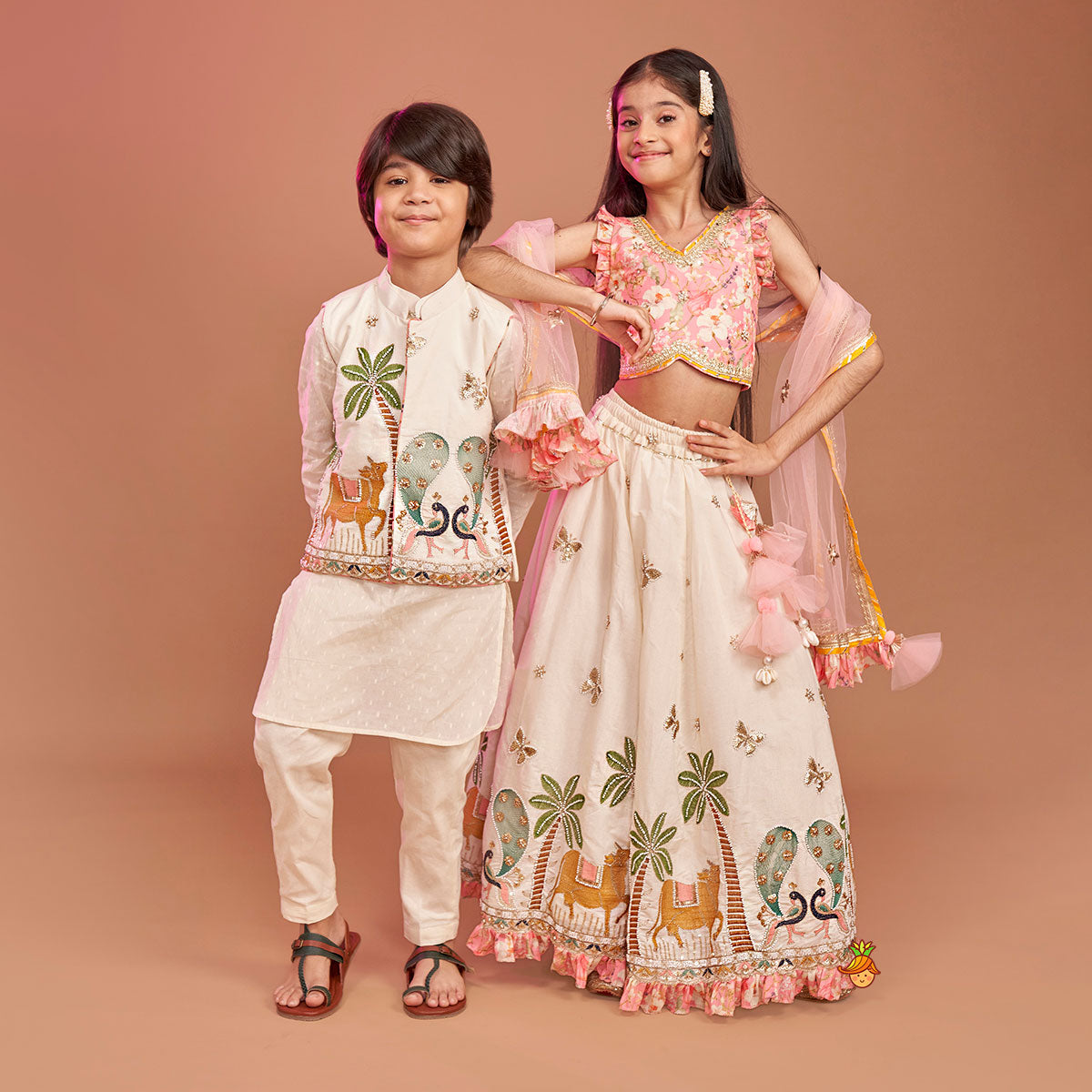 Off White Kurta With Beautiful Embroidered Jacket And Pyjama twinning model image 1