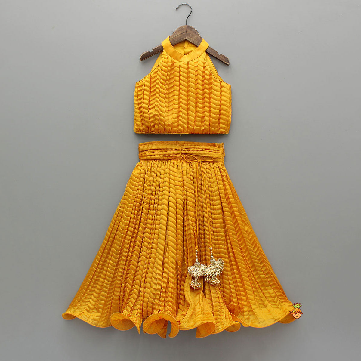 Beautiful Yellow Shimmery Halter Neck Top With Lehenga
