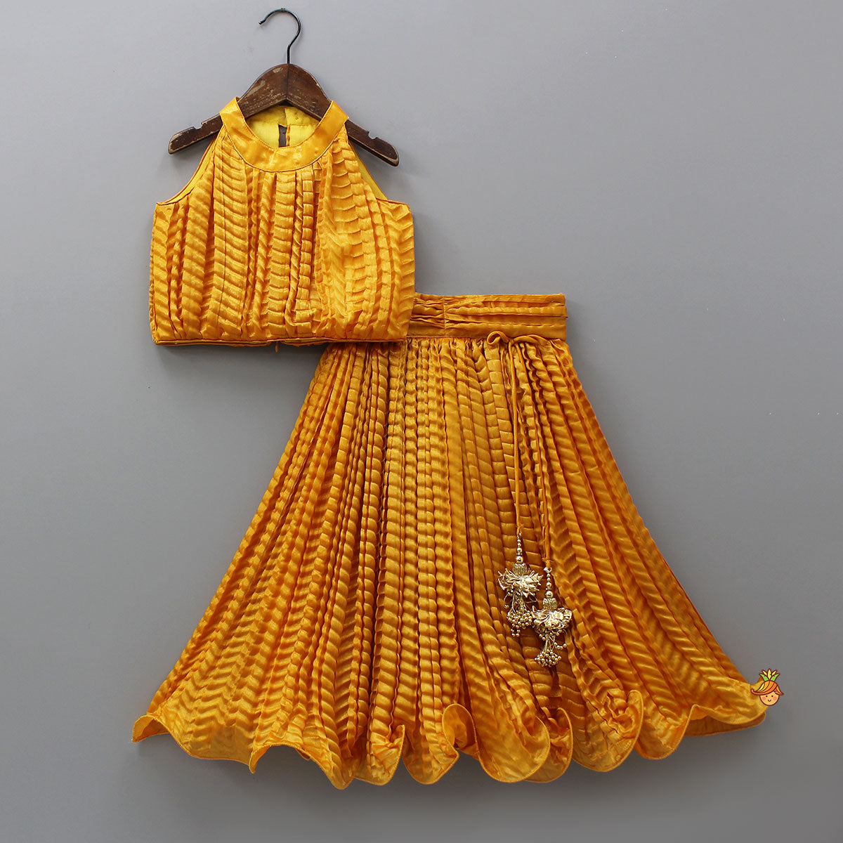 Beautiful Yellow Shimmery Halter Neck Top With Lehenga