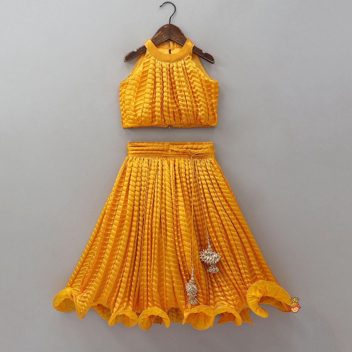 Beautiful Yellow Shimmery Halter Neck Top With Lehenga