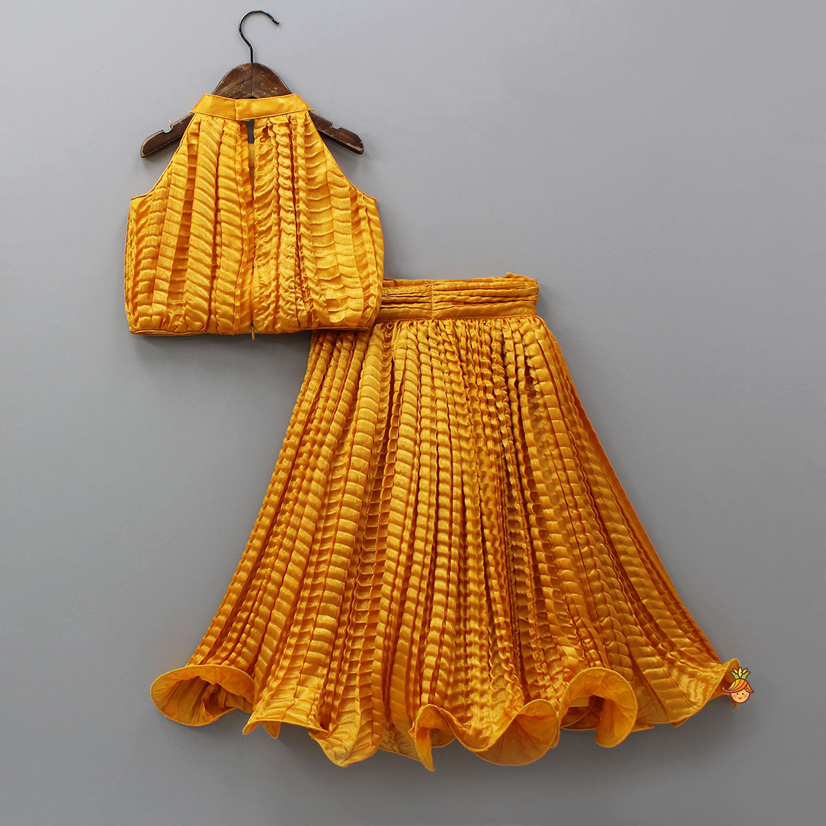 Beautiful Yellow Shimmery Halter Neck Top With Lehenga