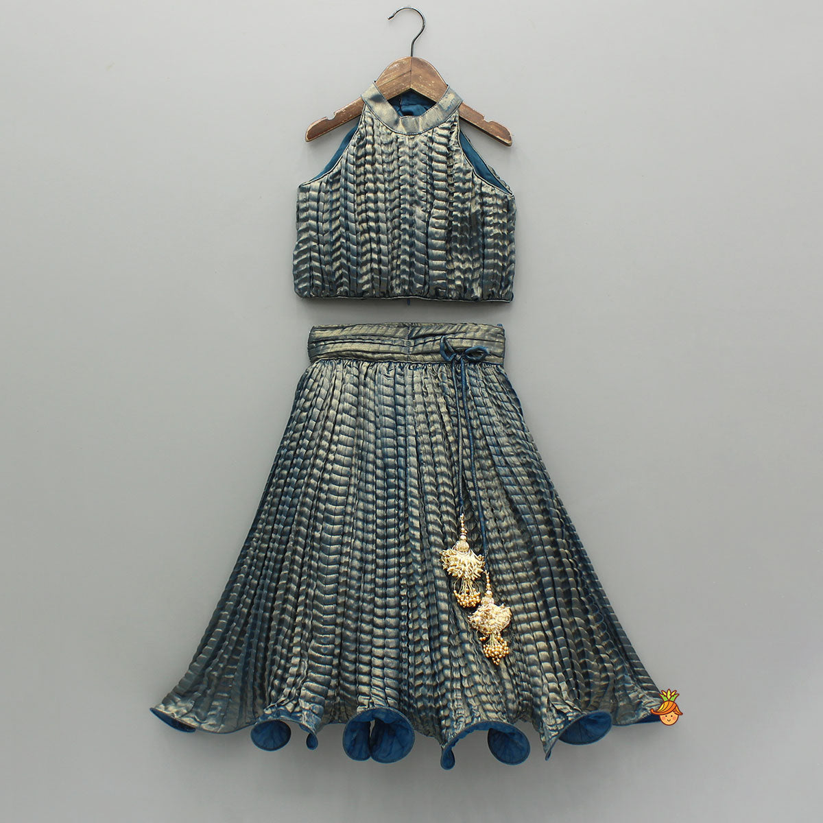 Beautiful Blue Shimmery Halter Neck Top With Lehenga