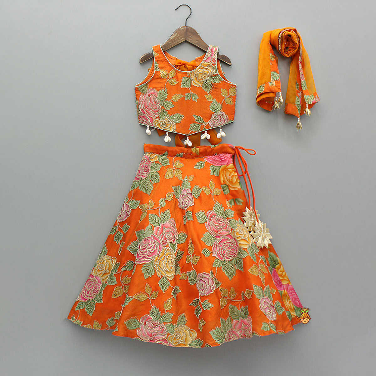 Elegant Orange Floral Printed Top With Lehenga And Dupatta