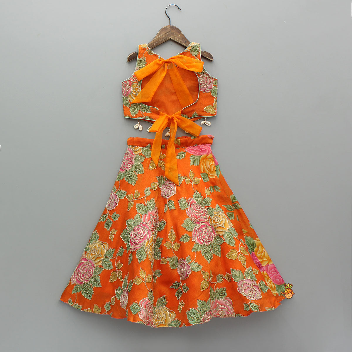 Elegant Orange Floral Printed Top With Lehenga And Dupatta