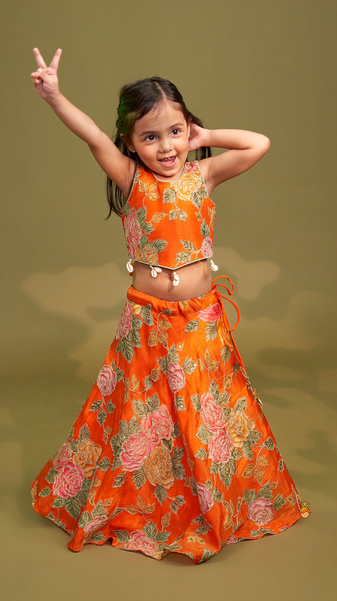 Elegant Orange Floral Printed Top With Lehenga And Dupatta
