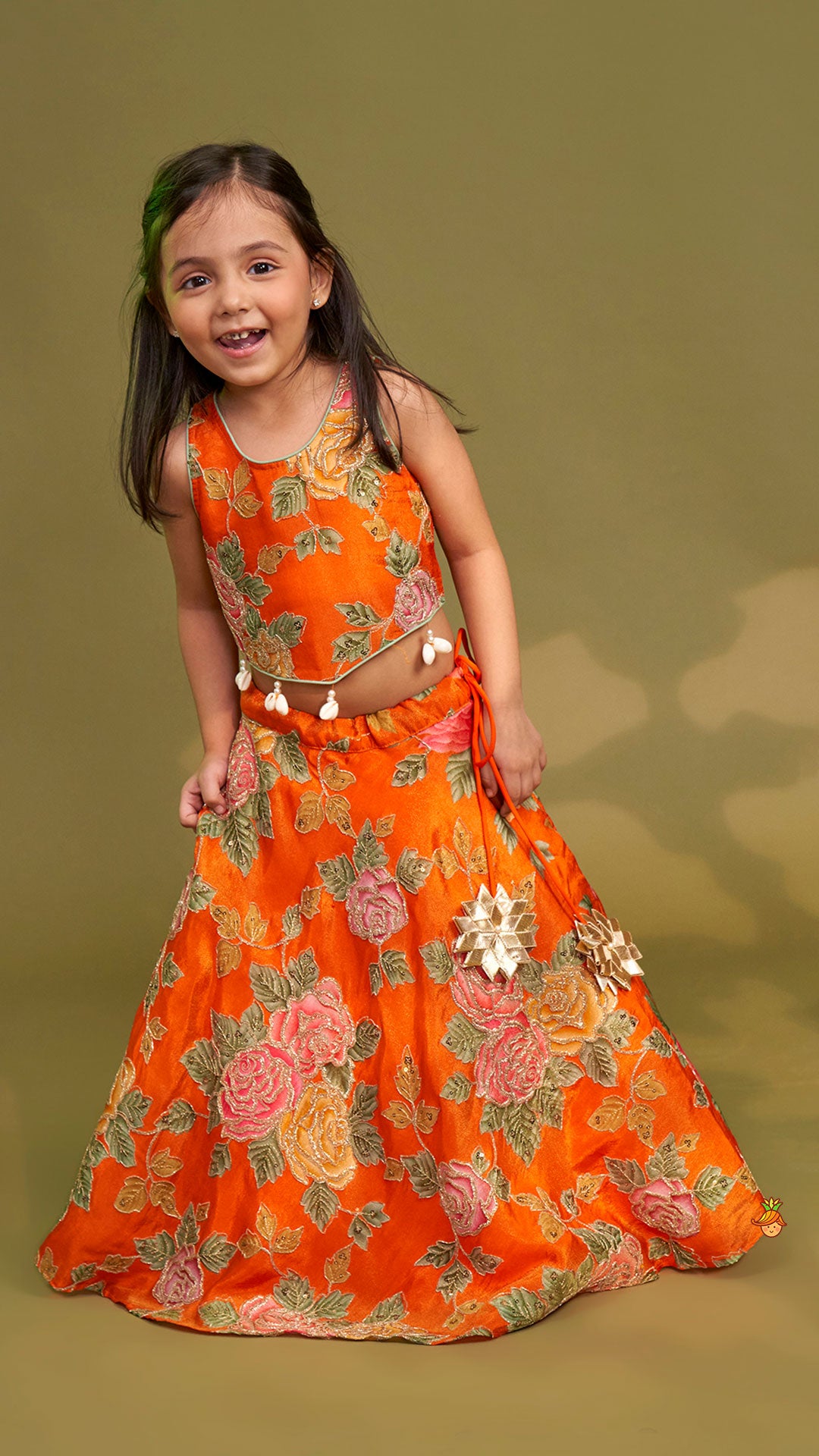 Elegant Orange Floral Printed Top With Lehenga And Dupatta