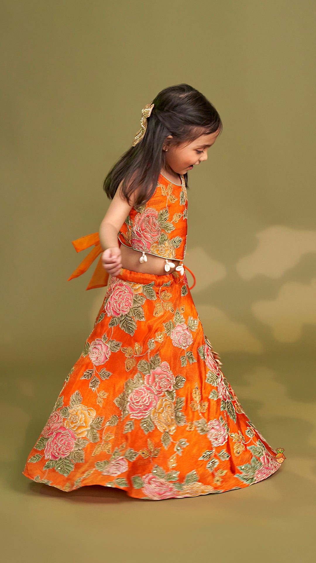 Elegant Orange Floral Printed Top With Lehenga And Dupatta
